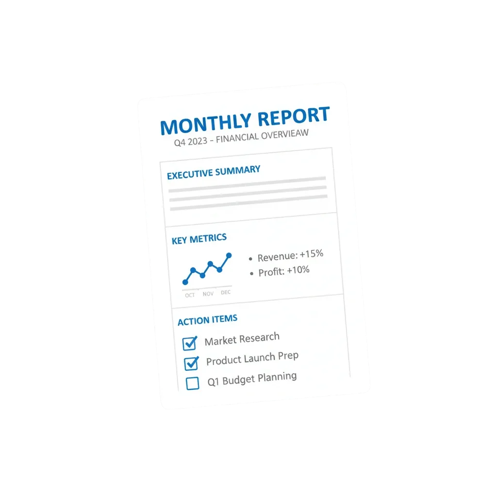 Illustration of a structured monthly SEO report with labeled sections and a line chart