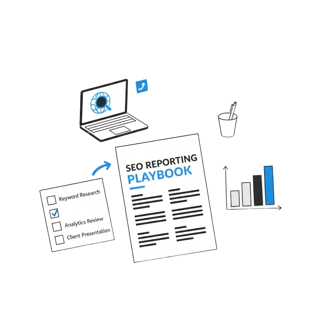 Illustration of a structured SEO reporting document with a minimal chart and checklist
