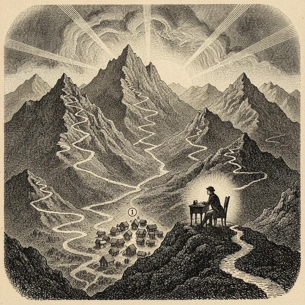 Luminous ink mountain landscape at dawn, almost every trail lit and running down to a village marked 1, a few trails still in shadow, a lone figure at a desk on a ridge looking down