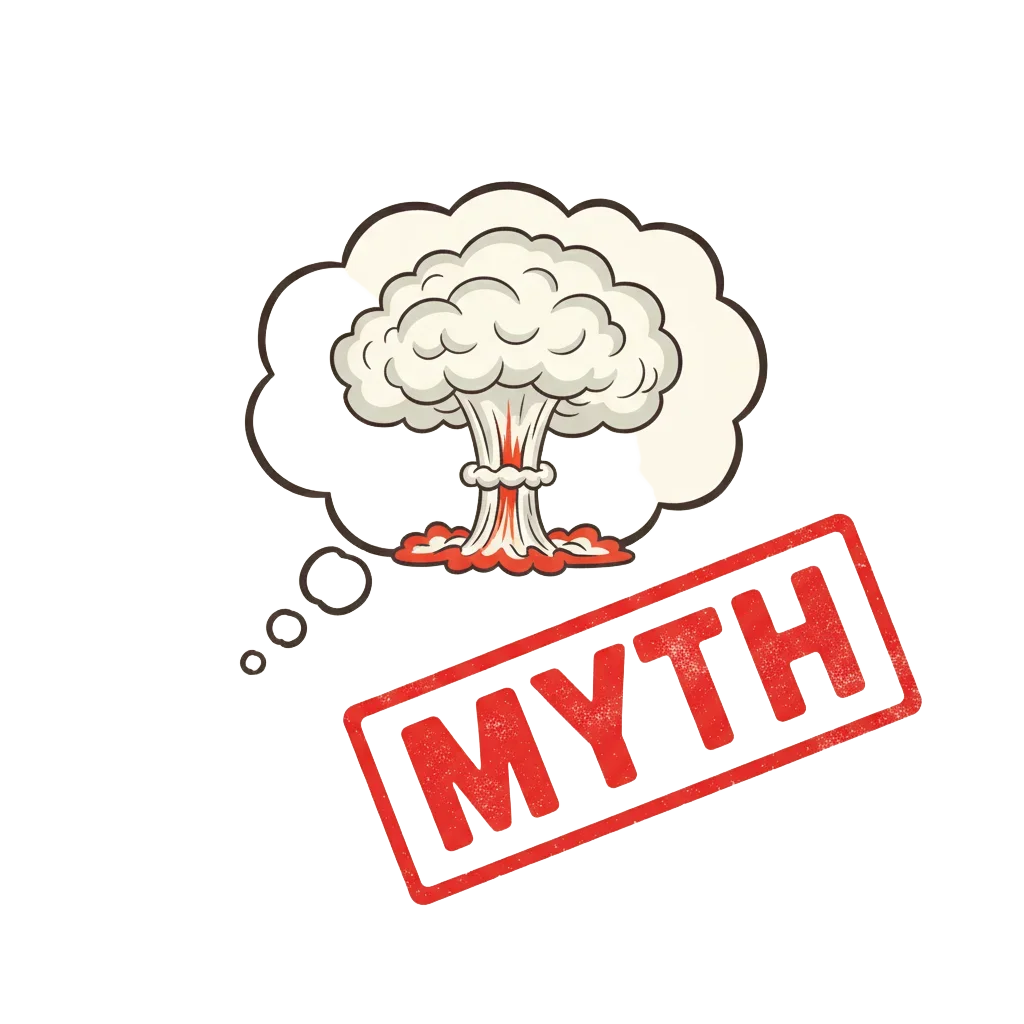 A thought bubble showing a cartoon mushroom cloud, crossed out with a large MYTH stamp