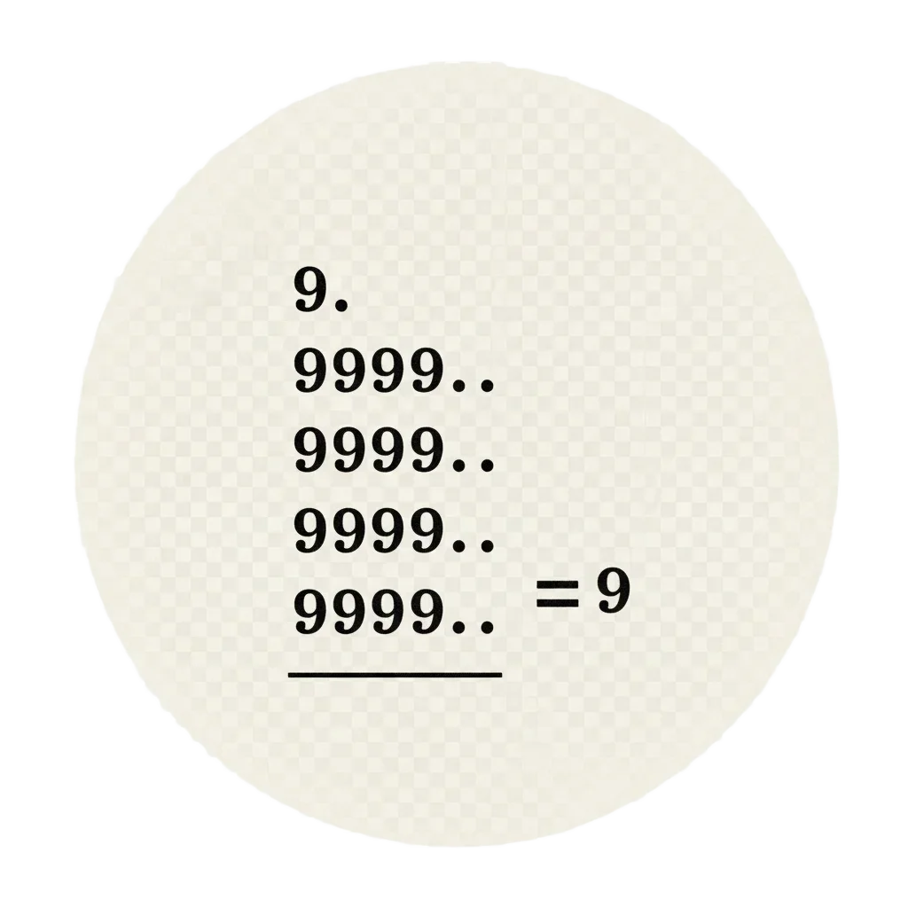 Two long rows of nines stacked for subtraction, matching nines cancelling out to leave a single 9