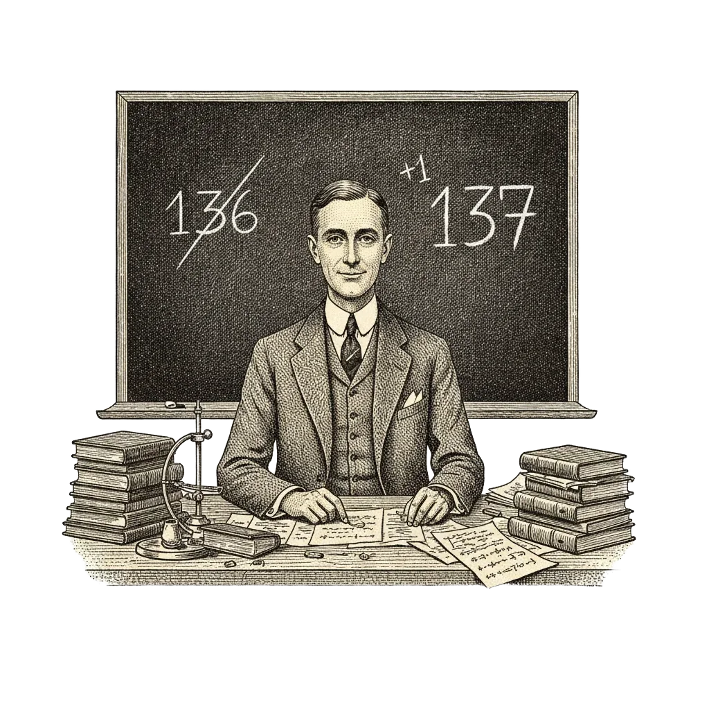 Affectionate portrait of Eddington at his desk, blackboard behind him showing 136 crossed out with 137 beside it and a chalk plus-one