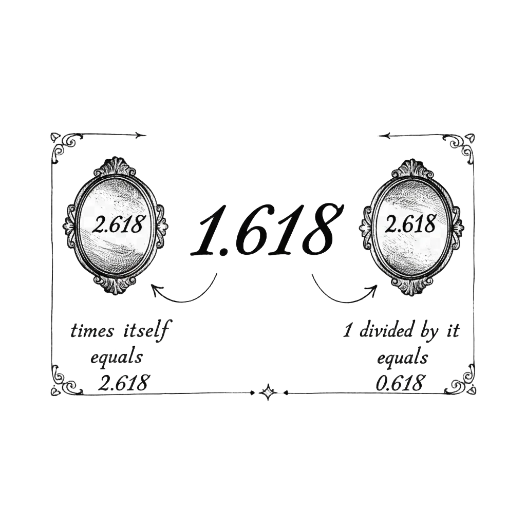 The number 1.618 between two mirrors: one showing 2.618 (times itself) and one showing 0.618 (1 divided by it), with the same digits reflected in both