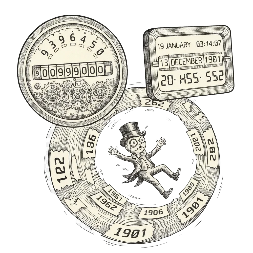Ink illustration of a car odometer rolling from 99999 to 00000 beside a digital clock flipping from 2038 to 1901, with a clockwork figure flung backwards through calendar pages