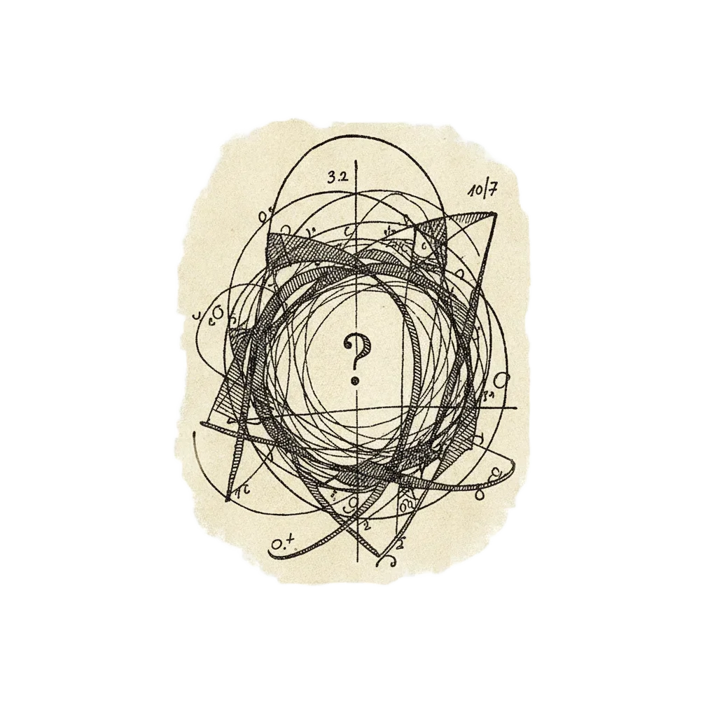 Ink illustration of tangled compass lines and scribbled numbers 3.2 and 10 over 7 with a puzzled question mark