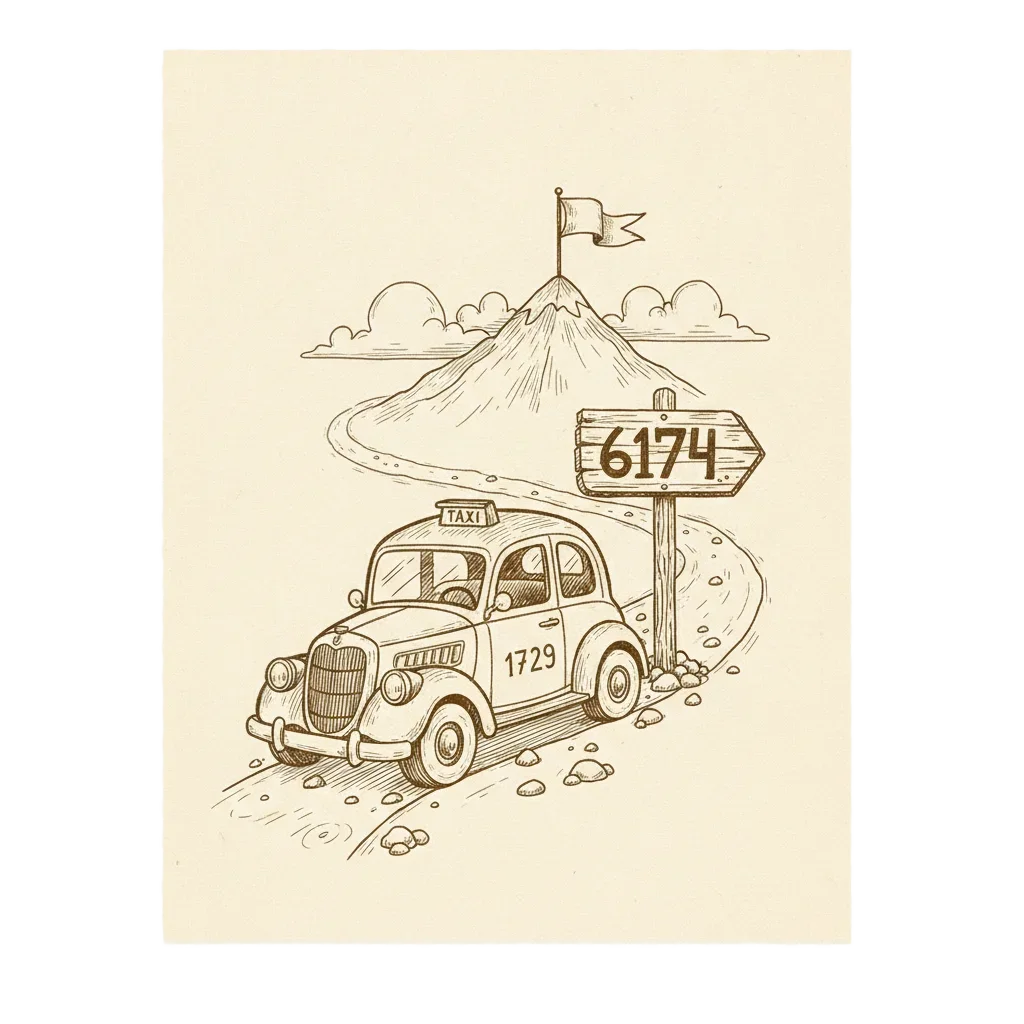Ink illustration of a vintage taxi labelled 1729 and a signpost marked 6174 both merging onto 27s mountain trail heading for the same summit flag