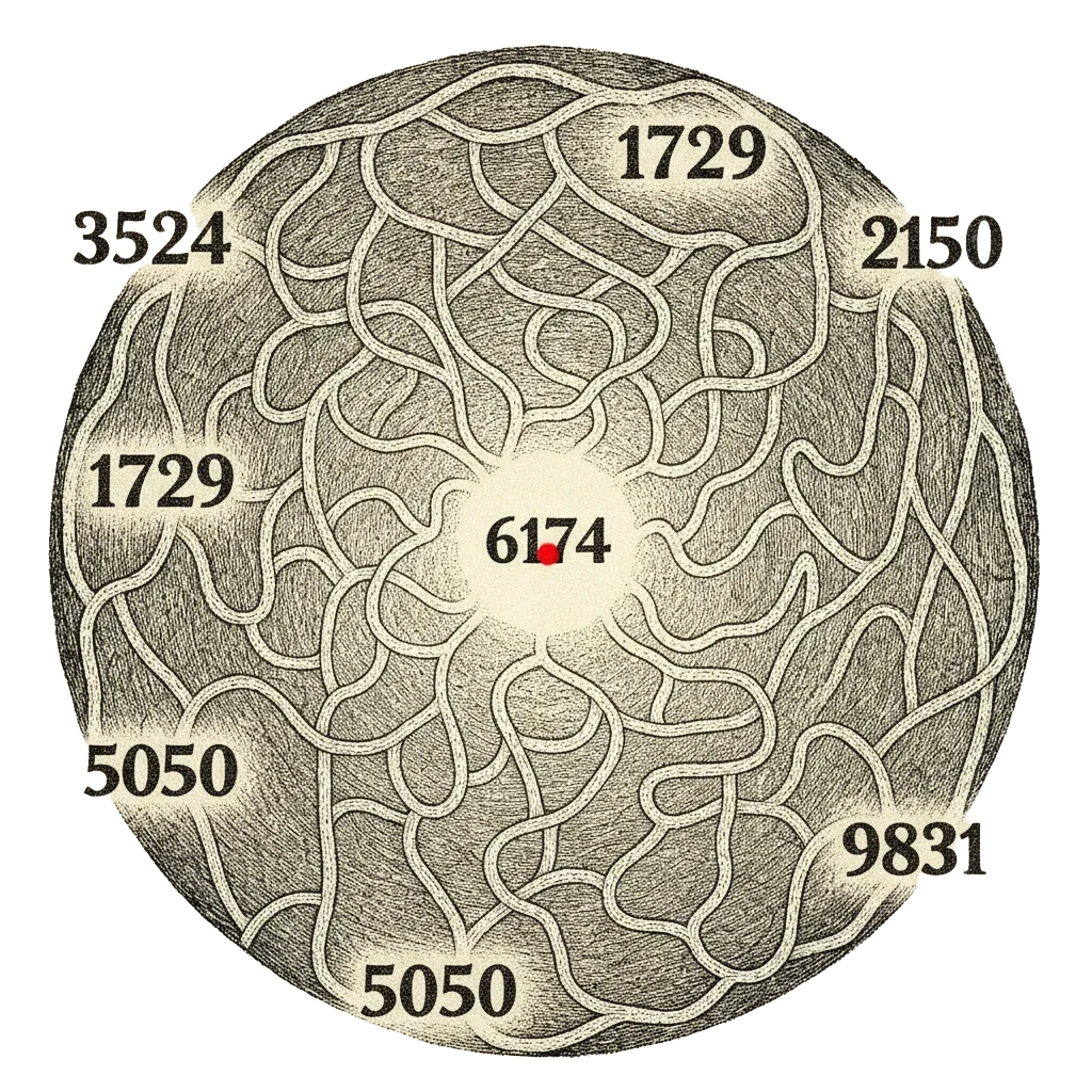 Antique-style map illustration of many winding roads from scattered four-digit numbers all spiralling inward toward 6174 at the centre