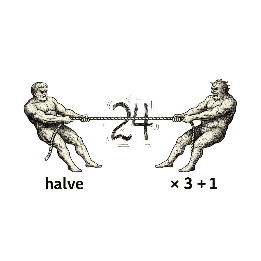 Ink tug of war illustration: a figure labelled halve pulling down and a figure labelled times 3 plus 1 pulling up, a number wobbling in the middle, faint dotted paths suggest an endless climb and a looping trap in the background