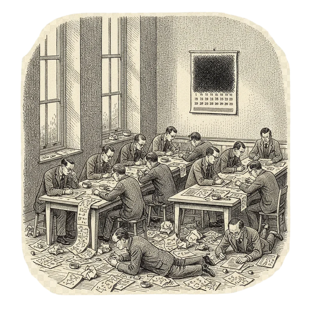 Humorous ink illustration of 1960s mathematicians hunched over number chains in a common room, coffee going cold, a calendar with a whole month crossed off