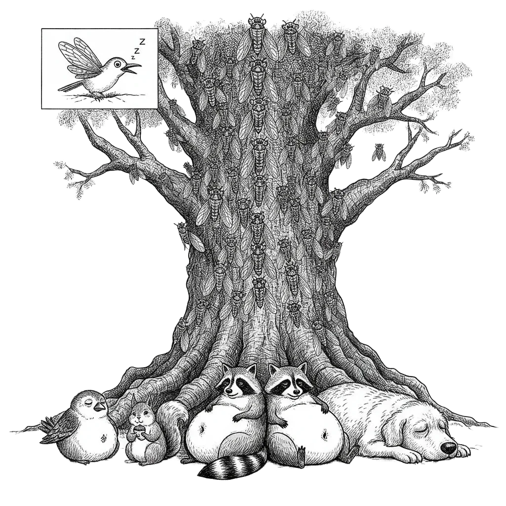 Overstuffed birds, squirrels, raccoons, and a dog sitting beneath a tree looking sleepy and full while the tree above is still covered in thousands of cicadas. A small panel shows a lone early cicada being eyed by a single hungry bird