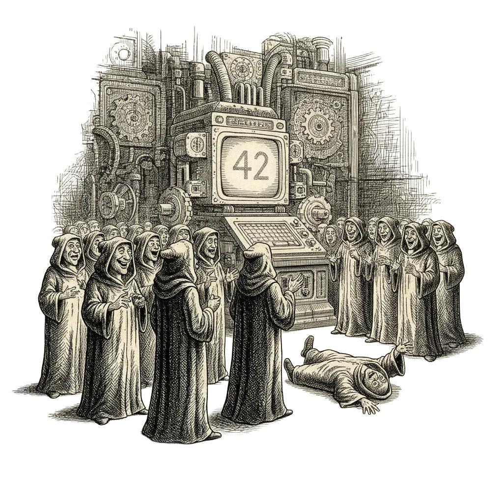 Ink engraving of a grand chamber, robed figures faces falling in disbelief before a glowing computer showing the number 42, a comic mood