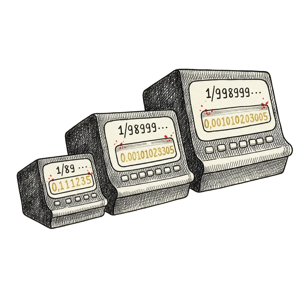 Three calculator displays showing 1/89, 1/9899 and 1/998999 with Fibonacci numbers highlighted in gold, getting longer from left to right, with ink splashes at carry points