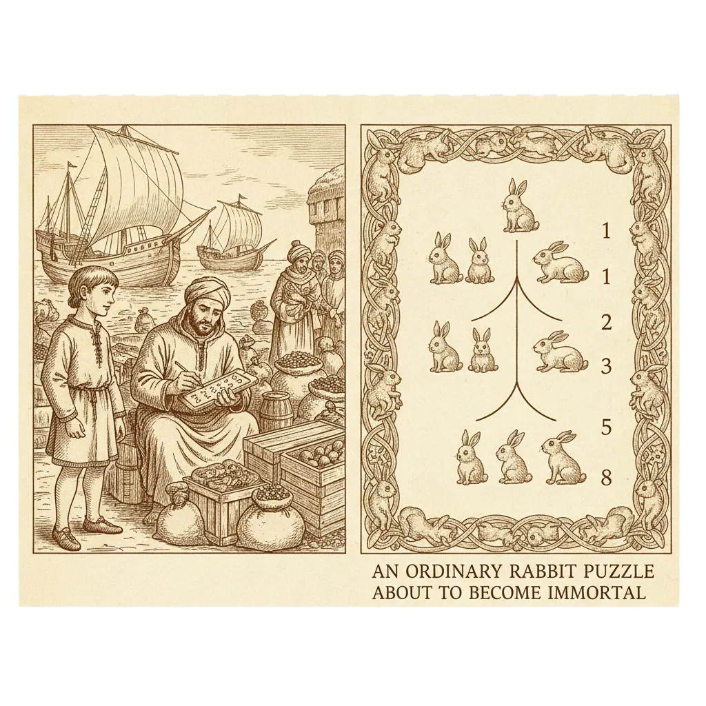 Young Leonardo of Pisa in a North African market watching a trader write numerals, alongside an illuminated rabbit breeding chart