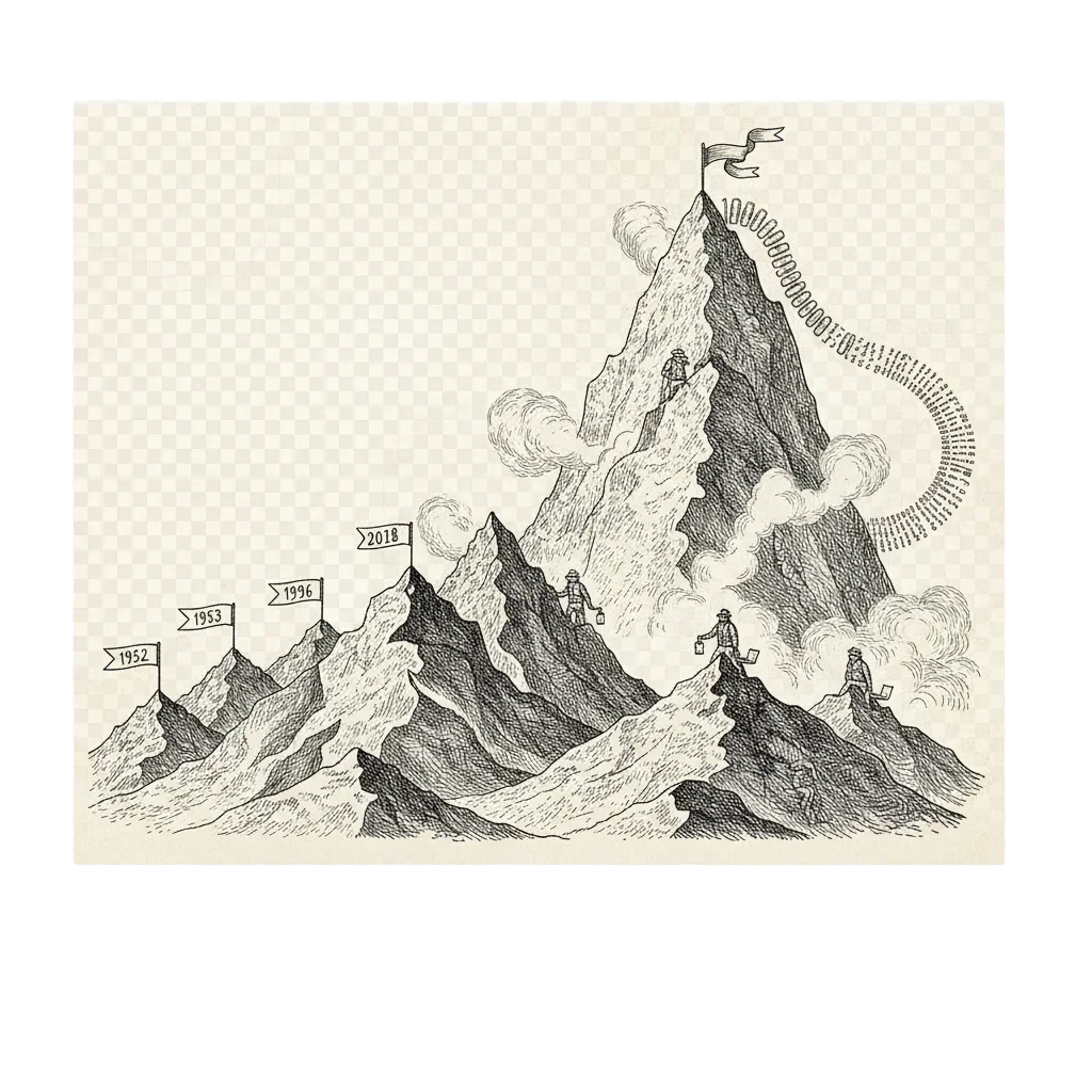 A mountain range of numbers with flags marking records from 1952 to 2024, and a taller cloud-wrapped peak ahead marked 100,000,000 digits with a prize ribbon at the summit