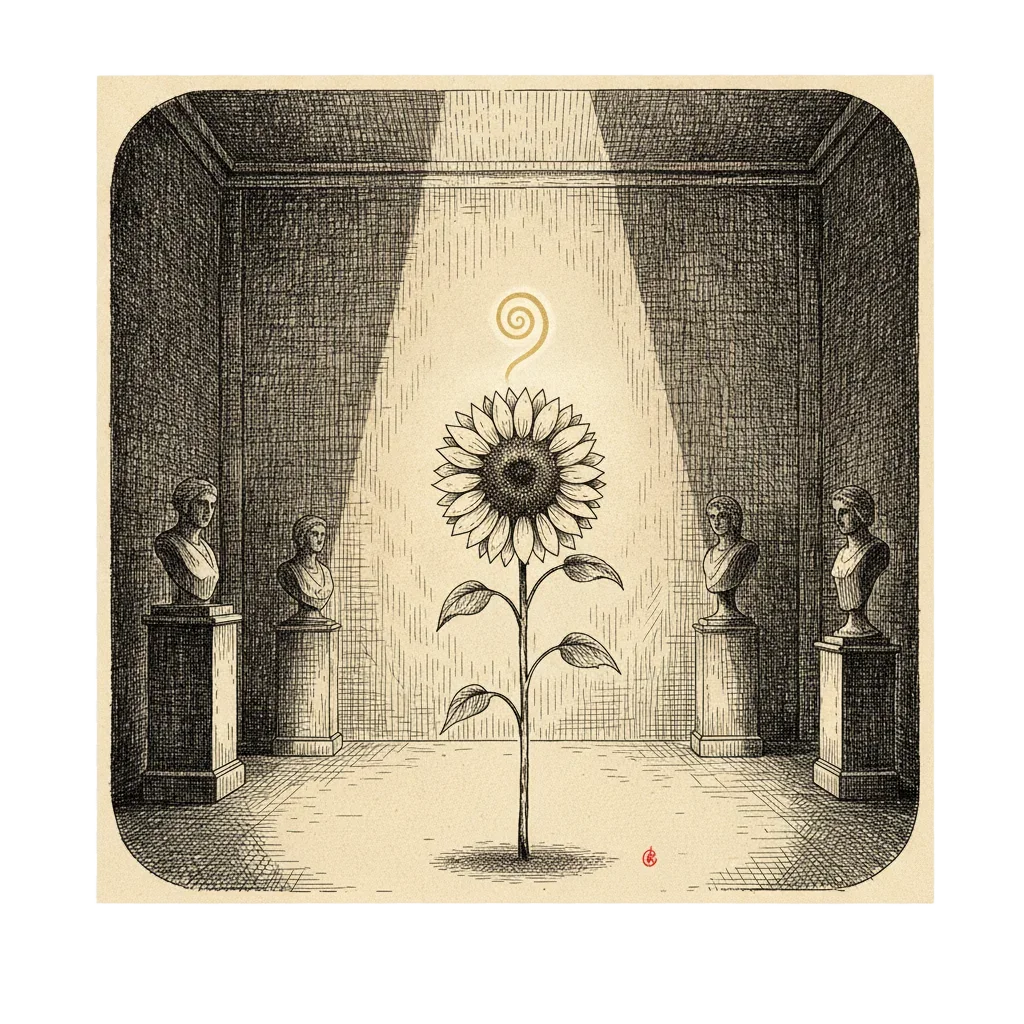The grand museum gallery again, but now the exhibit plinths are in dim light while the sunflower from the corner is in the spotlight, a faint golden spiral rising from its seeds, the mood one of quiet honest wonder