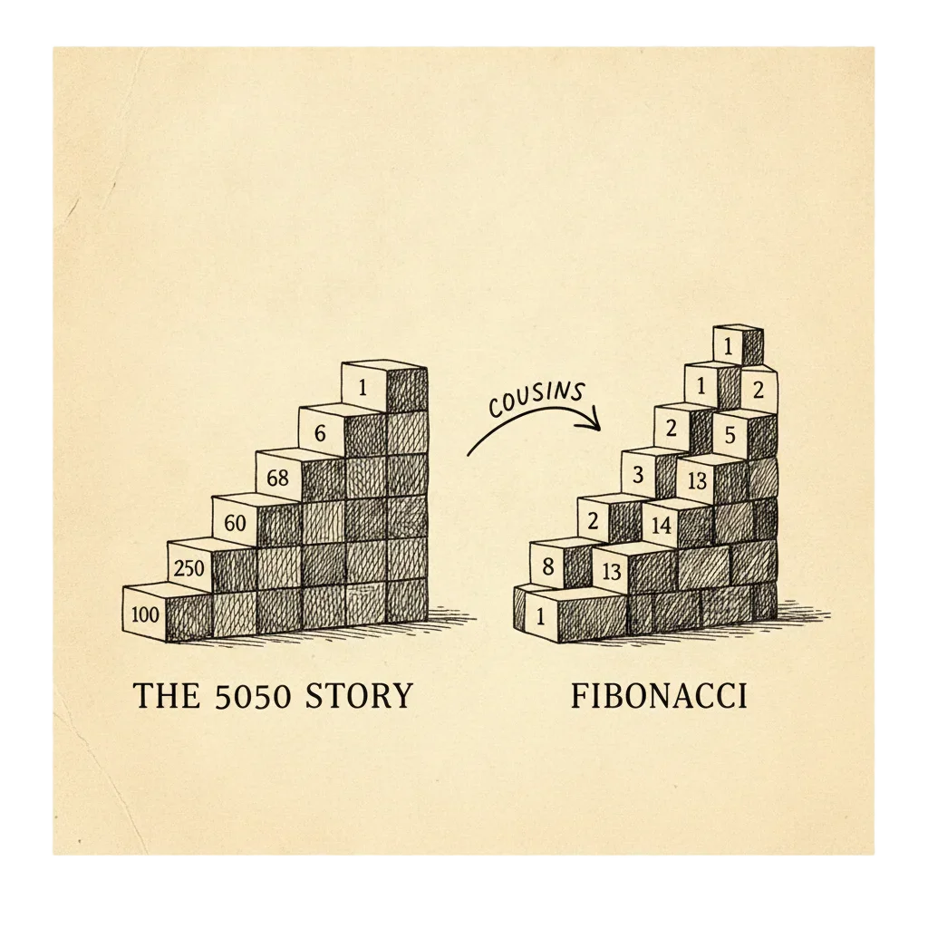 Two staircase cousins side by side: the 5050 block staircase and the Fibonacci staircase