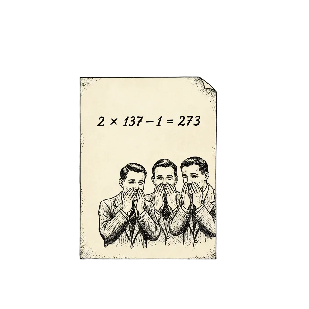 A 1930s journal page showing the equation 2 times 137 minus 1 equals 273, with three young men suppressing laughter