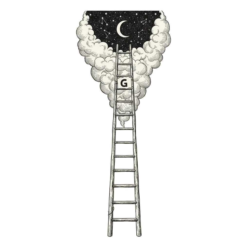 A tall ladder stretching into the clouds, with a tag near the bottom reading 13? and an arrow pointing far up labelled G