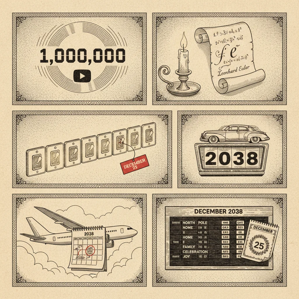 A final illustrated broadsheet combining the spinning counter, Euler's scroll, 31 glowing switches, the rolling odometer, the airliner, the Christmas departures board and the 2038 calendar