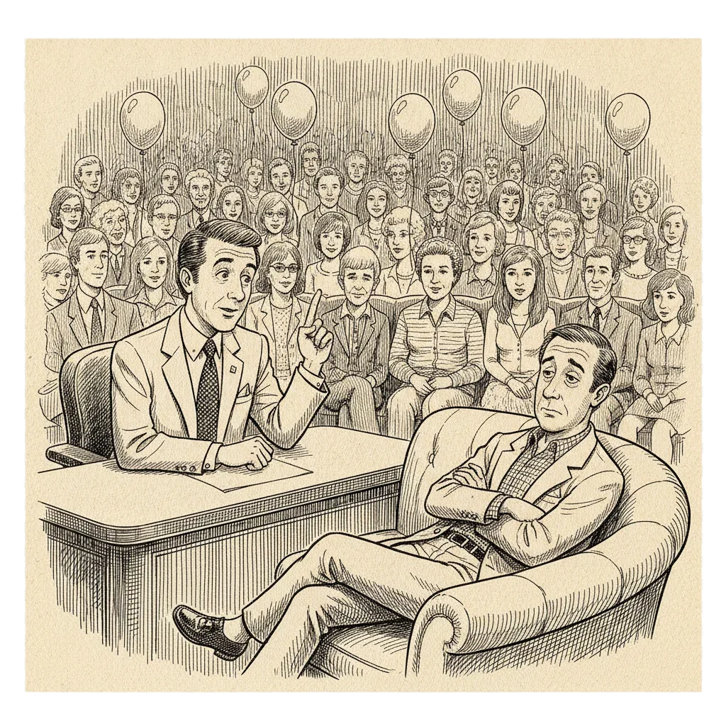 Ink illustration of a 1980 late-night TV studio. A host in a sharp suit holds up one finger at his desk while his sidekick looks sceptical on a sofa. Matching birthday balloons float above scattered pairs in the audience, unnoticed by either host.