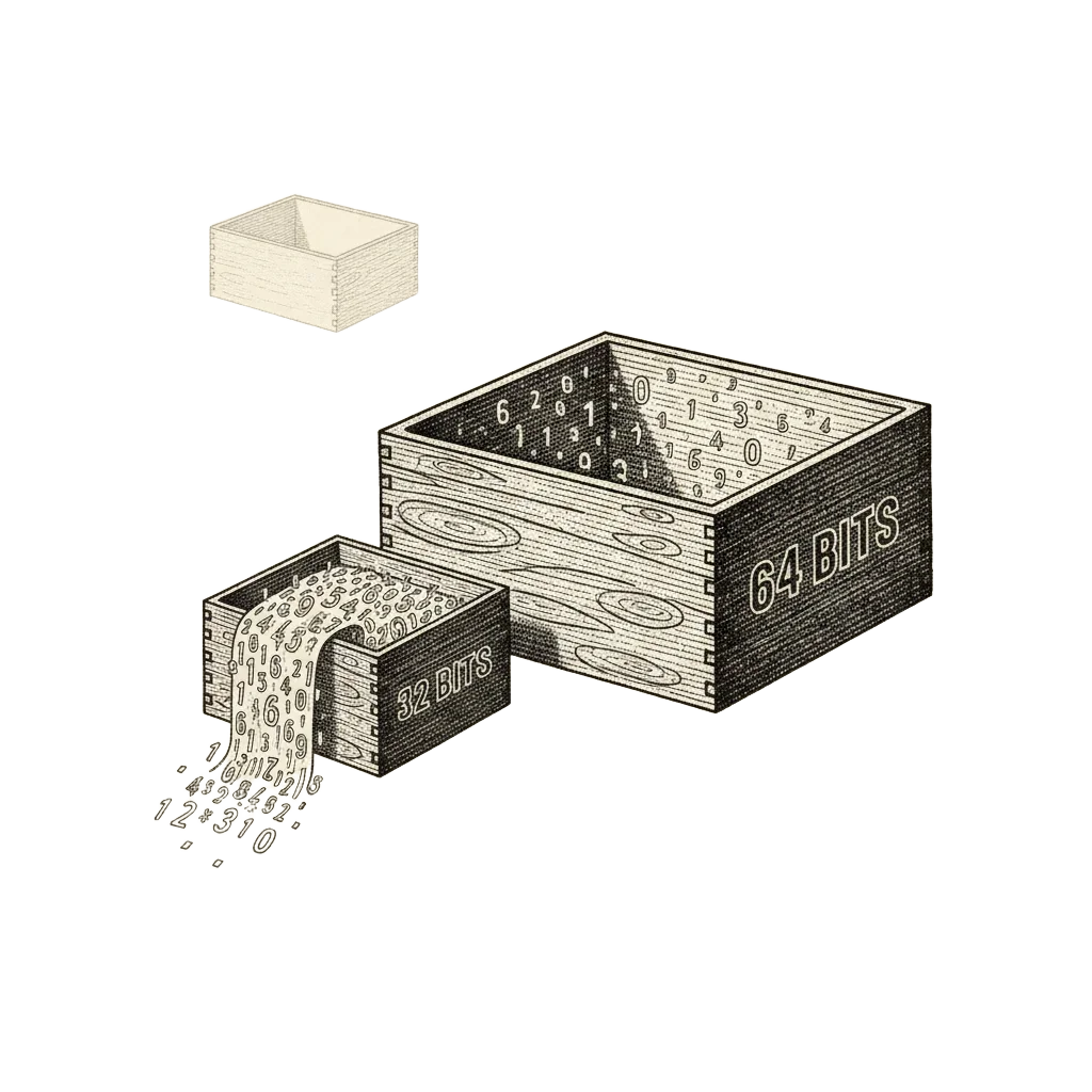 Nesting boxes, each much larger than the last: a small 32-bit box overflowing with light, a vast 64-bit box with room to spare, and in the distance an even bigger box