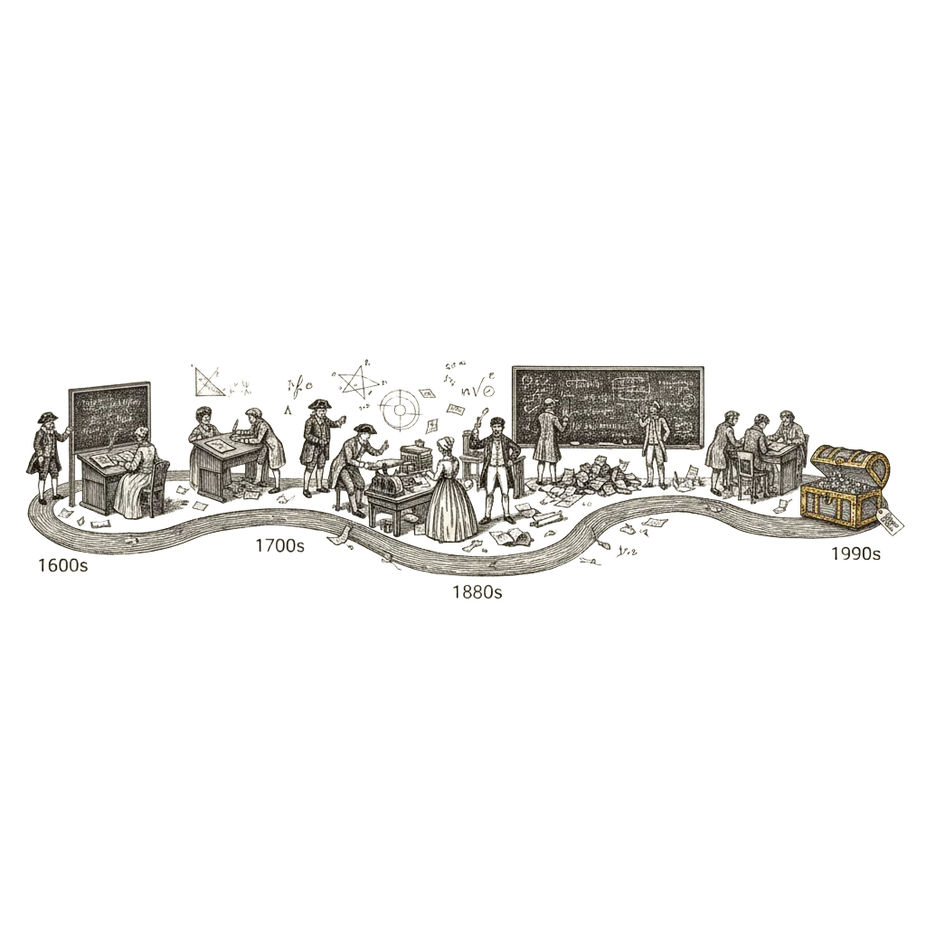 Sweeping timeline illustration of a long road through centuries, small figures bent over blackboards, piles of discarded papers, and a prize chest unclaimed at the end