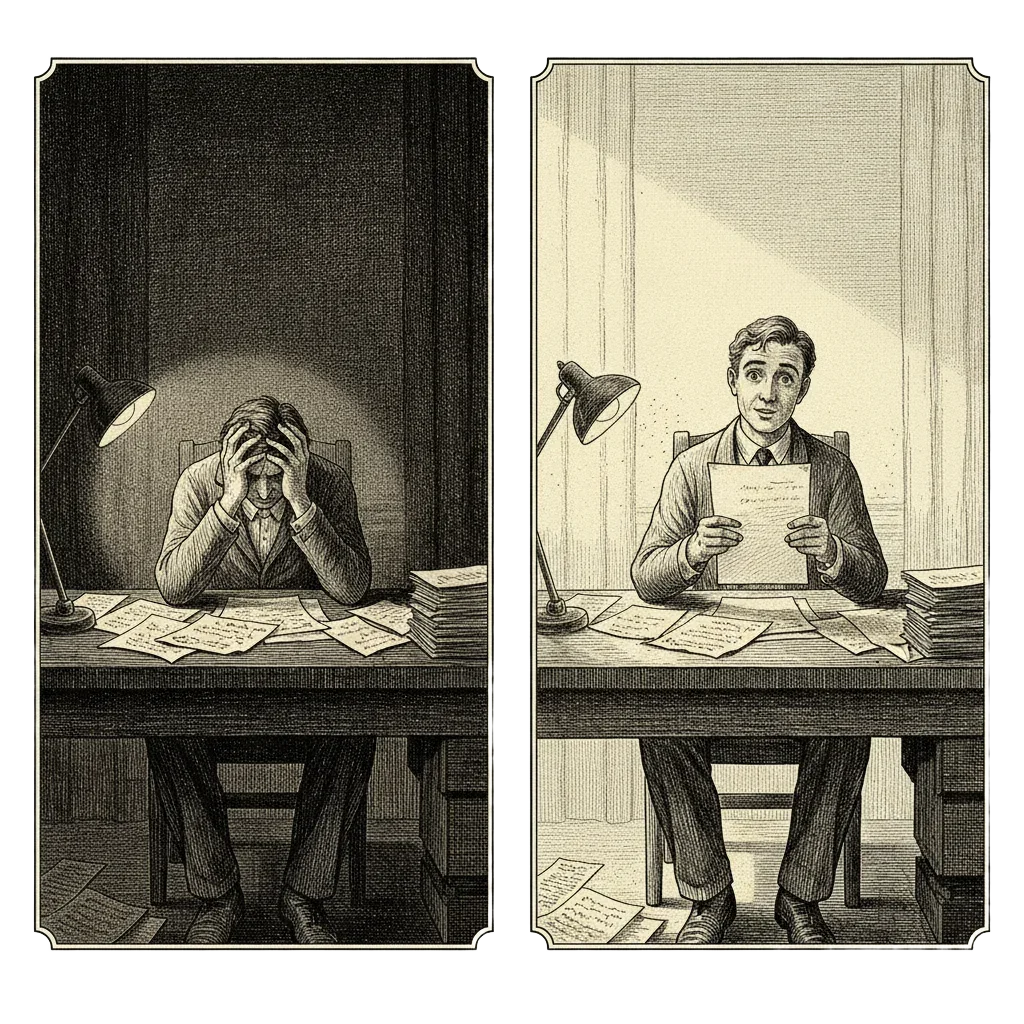 Two-panel illustration: on the left, Wiles at a desk late at night with papers everywhere, head in hands; on the right, the same desk in morning light, Wiles staring at one page with quiet wonder
