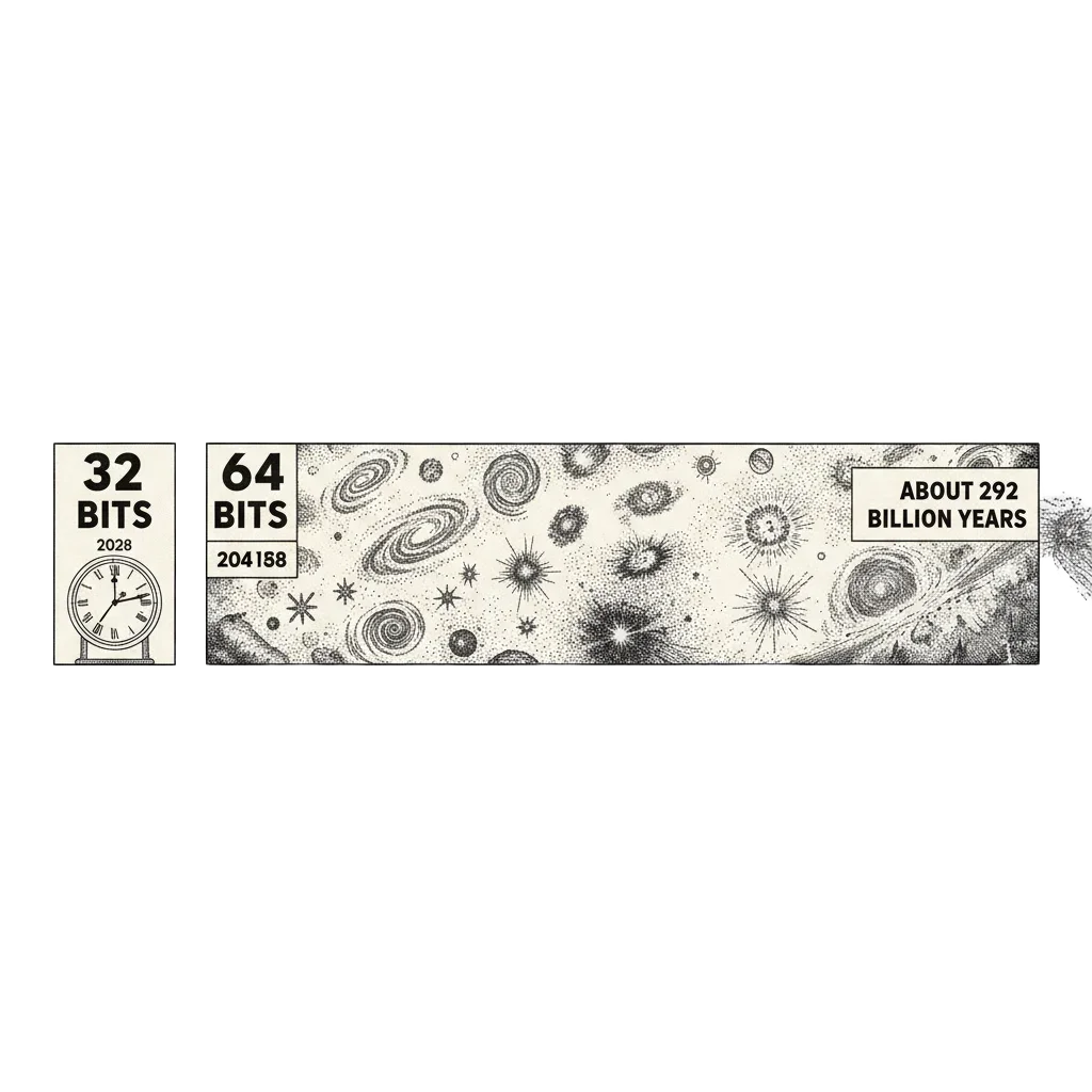 Ink illustration comparing a tiny 32-bit box with a clock filling at 2038 to a vast 64-bit box whose timeline stretches past dying stars labelled about 292 billion years