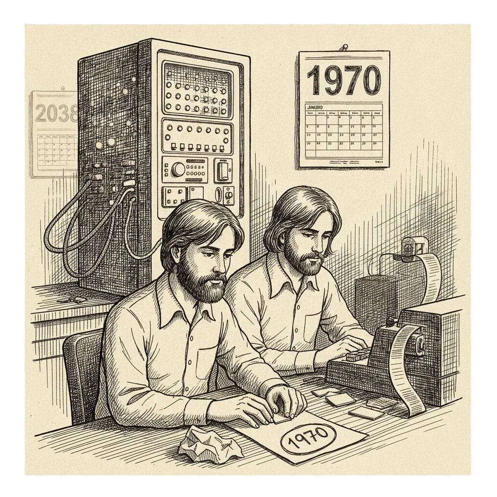 Ink illustration of two 1970s programmers beside a refrigerator-sized minicomputer, a paper printout with 1970 circled on the desk, and a shadowed 2038 calendar at the edge