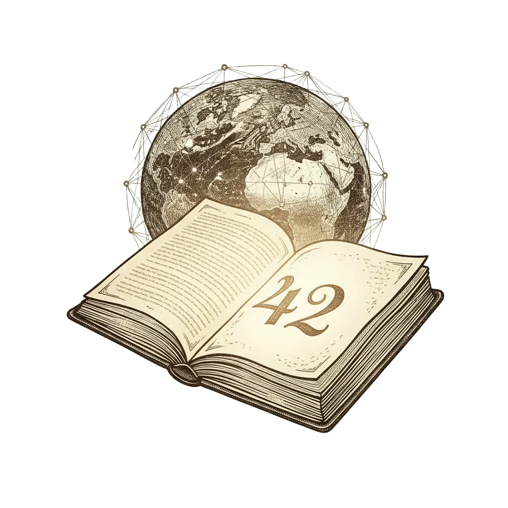 Warm ink illustration of a well-worn paperback book with the number 42 glowing on its pages, the Earth wrapped in connected lights in the background