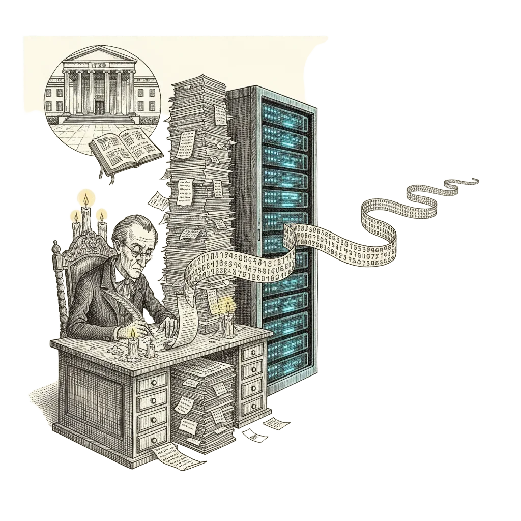 Ink illustration: on the left, a Victorian gentleman buried in paper writing digits by candlelight. A vintage taxi marked 1729 parked outside a library with Ramanujan's notebook open on the seat. On the right, a modern server rack with a ribbon of digits pouring into the distance.