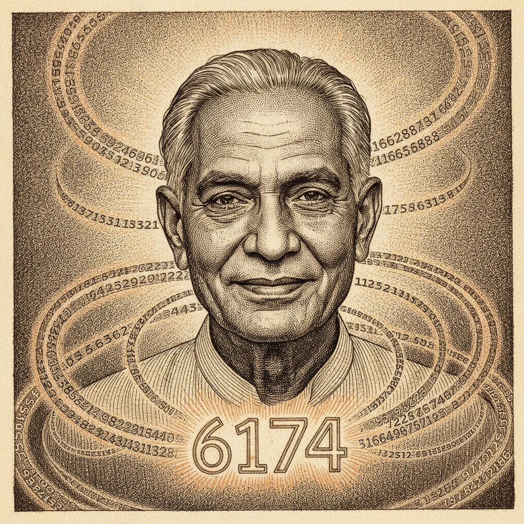 Warm ink illustration of Kaprekar in his later years, smiling gently, surrounded by chains of four-digit numbers all flowing toward 6174