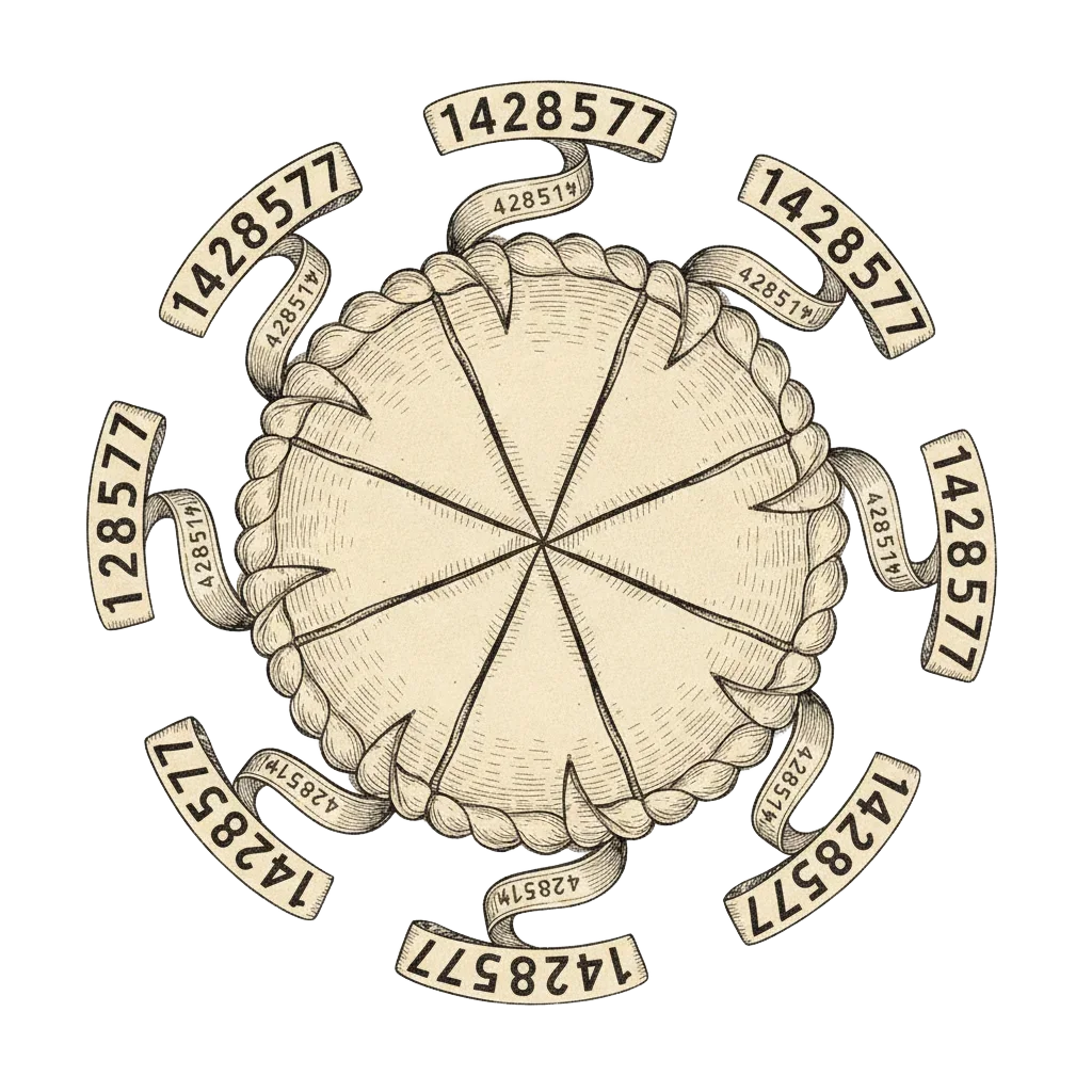A round pie cut into seven slices, each with a ribbon of digits unrolling, all seven ribbons wrapping together into a band of nines