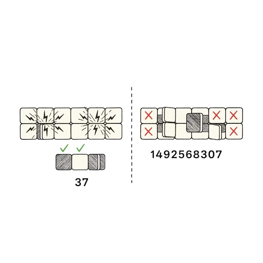 A row of digit tiles with a mirror down the middle; sparks of carries rippling through and knocking pairs out of alignment