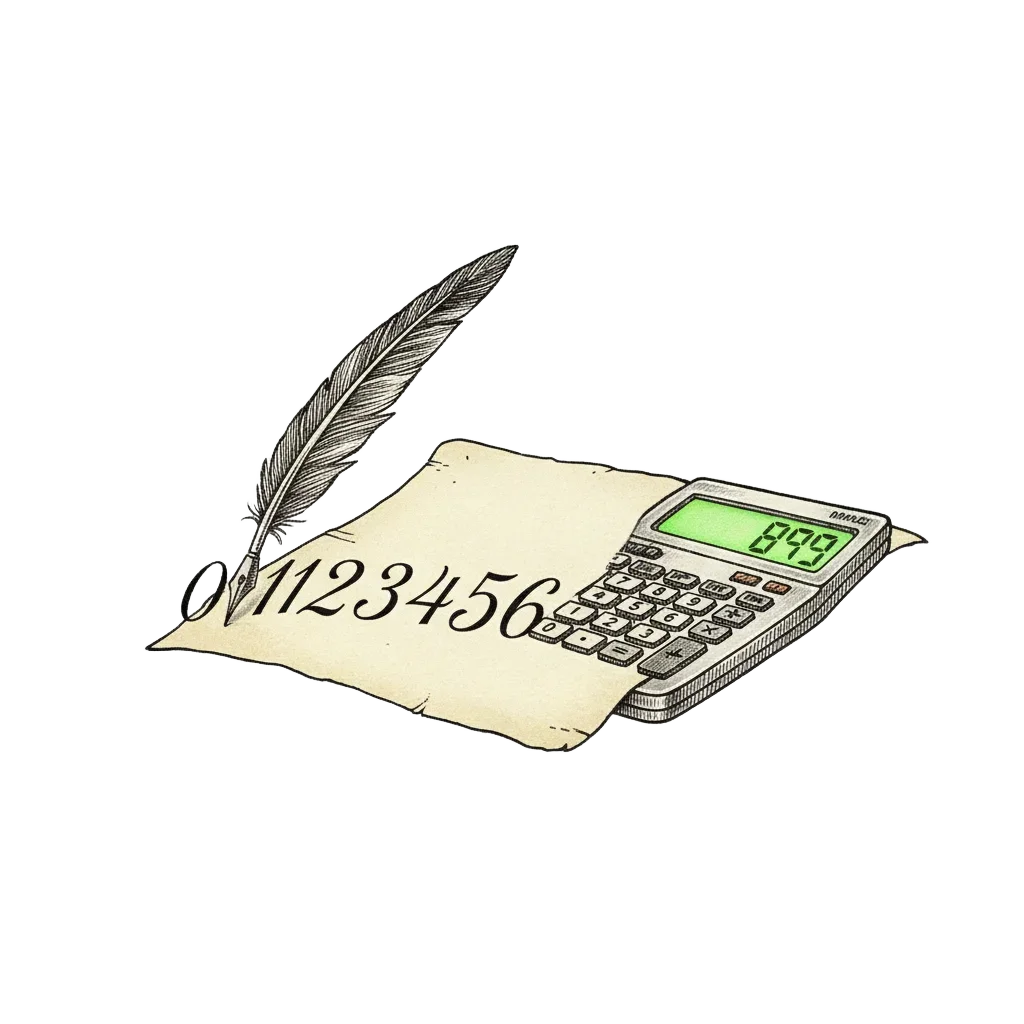 A medieval quill writing digits 0 to 9 which gradually transform into a calculator display