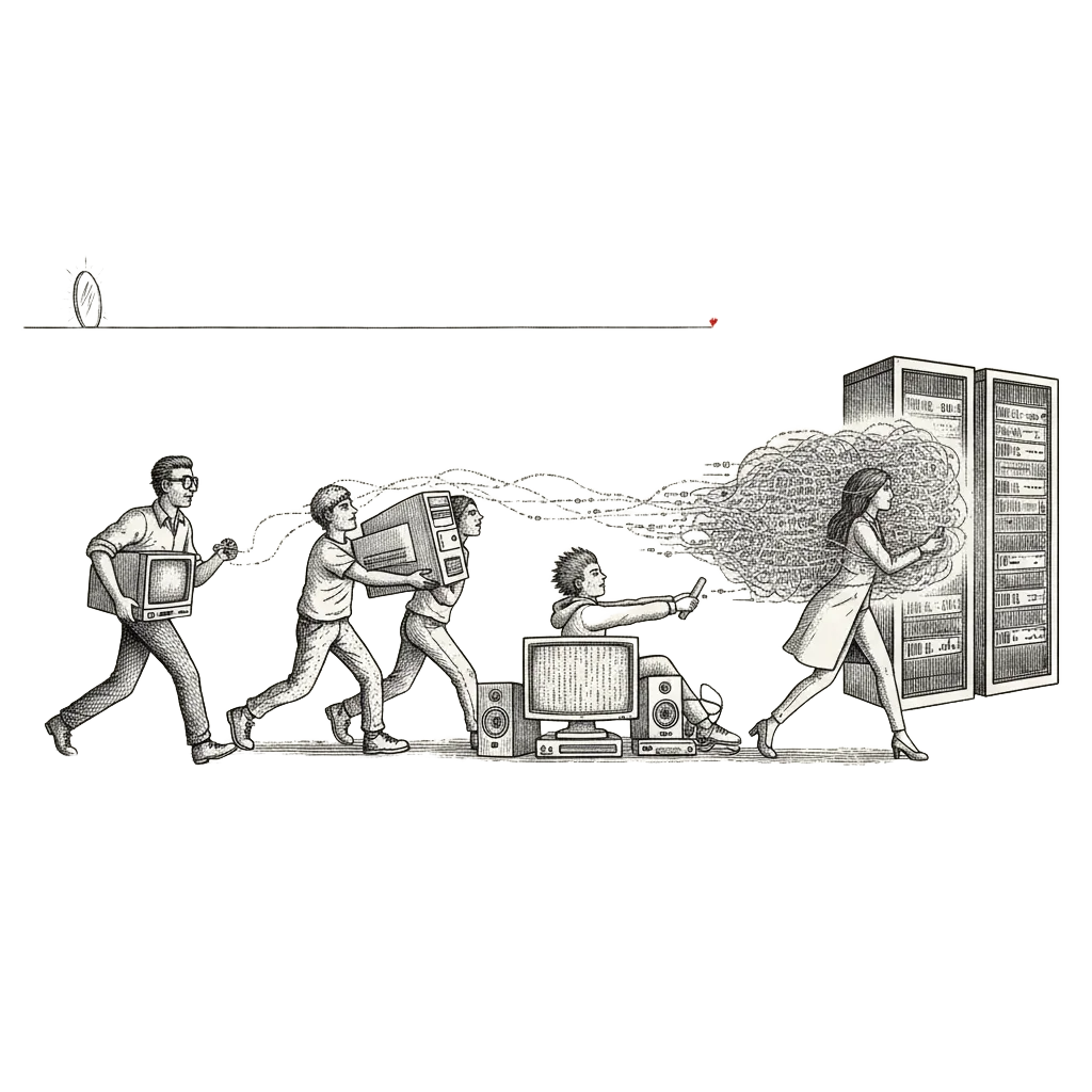 A relay race across decades: runners from different eras passing a baton of digits, each handover heavier than the last, a mirror finish line still far on the horizon