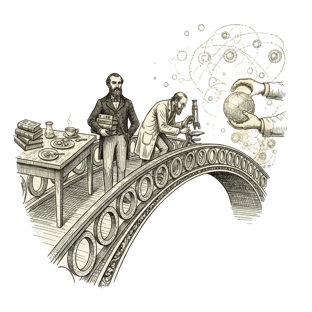 A bridge from an everyday kitchen table to a shimmering world of atoms, with Avogadro, Perrin, and hands holding the silicon sphere standing along it