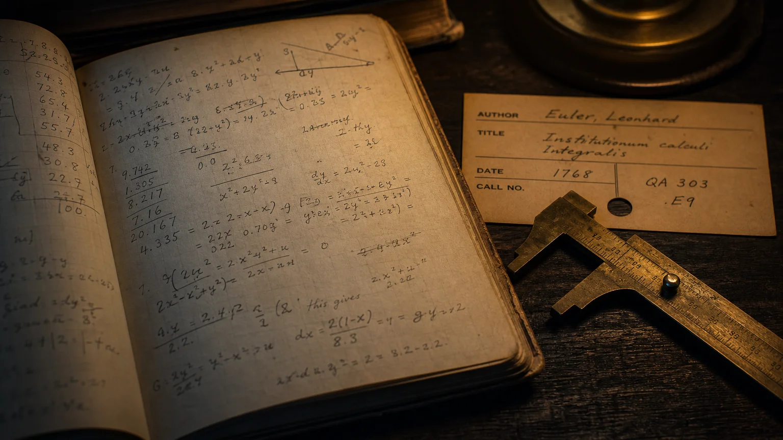 Notebook page covered in handwritten numbers beside a brass caliper