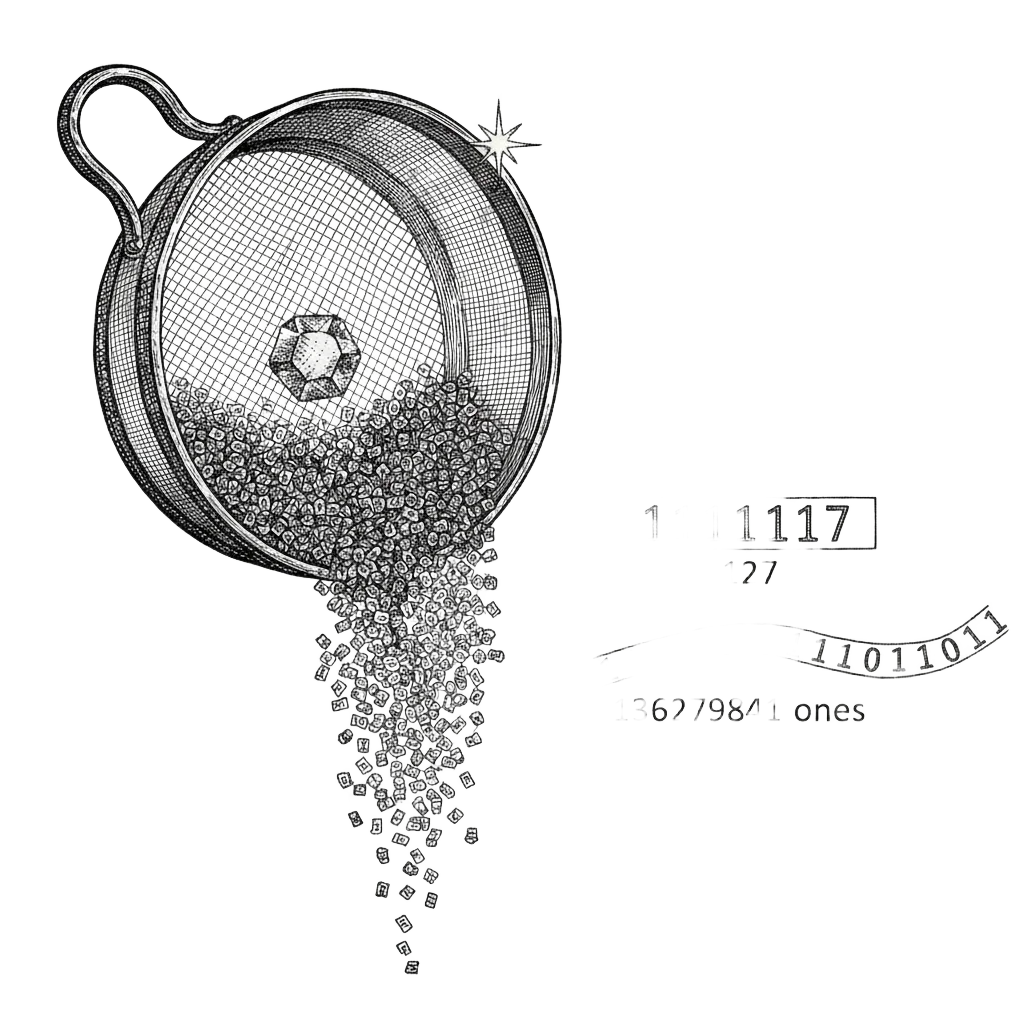 A vast sieve with numbers falling through and one glinting stone caught; beside it a binary strip of 1111111 labelled 127 and a much longer strip labelled 136,279,841 ones