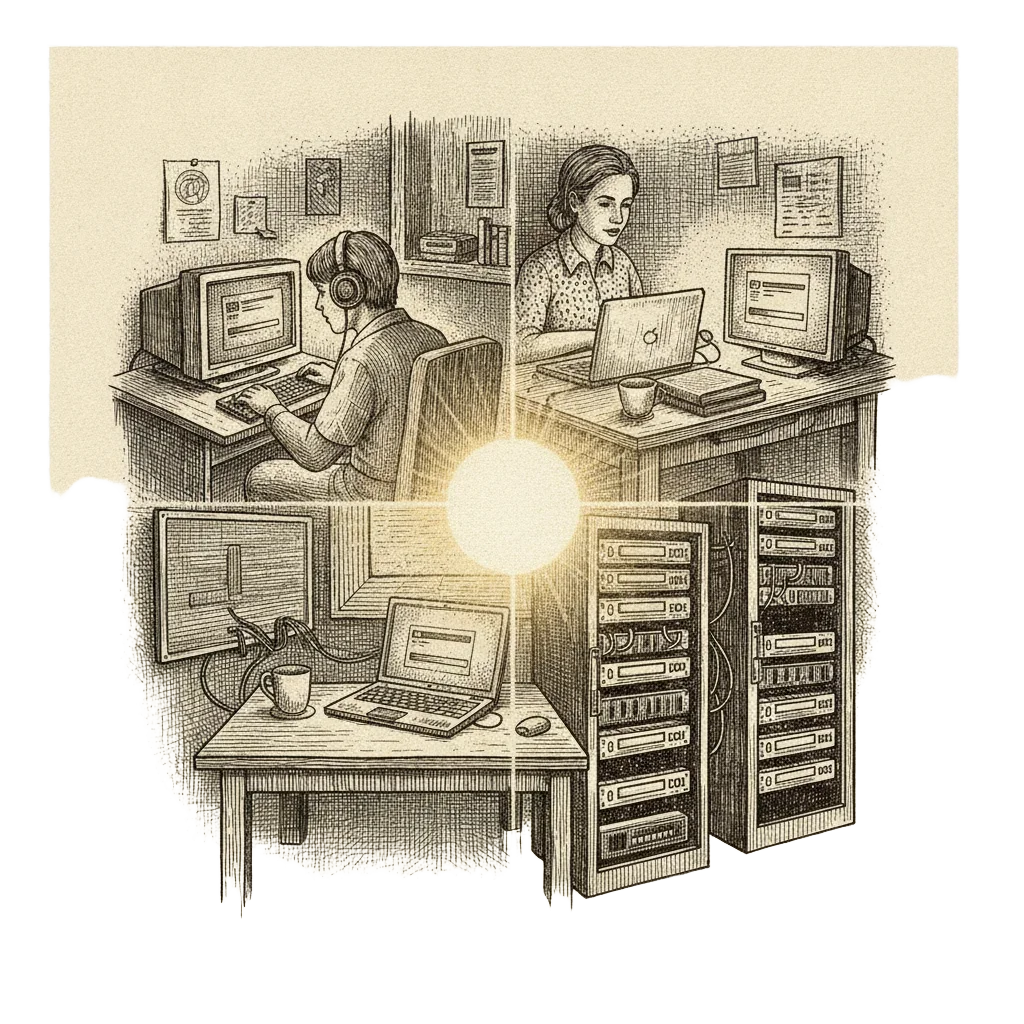 A warm mosaic of people and computers across three decades: a 1990s desktop, a laptop by a teacup, an overnight office computer, and modern server racks, all connected by lines of light