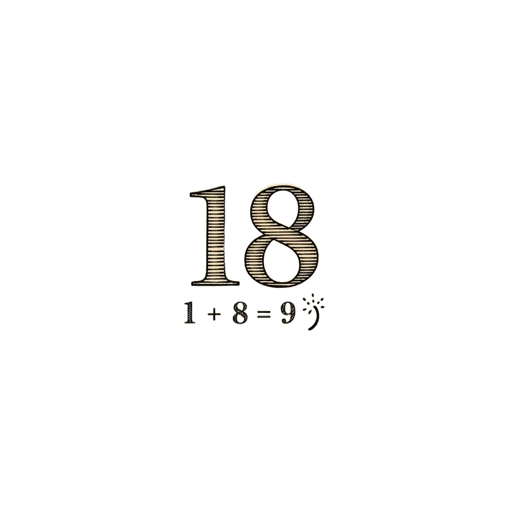 The number 18 with 1 plus 8 equals 9 shown below it and a small spark motif