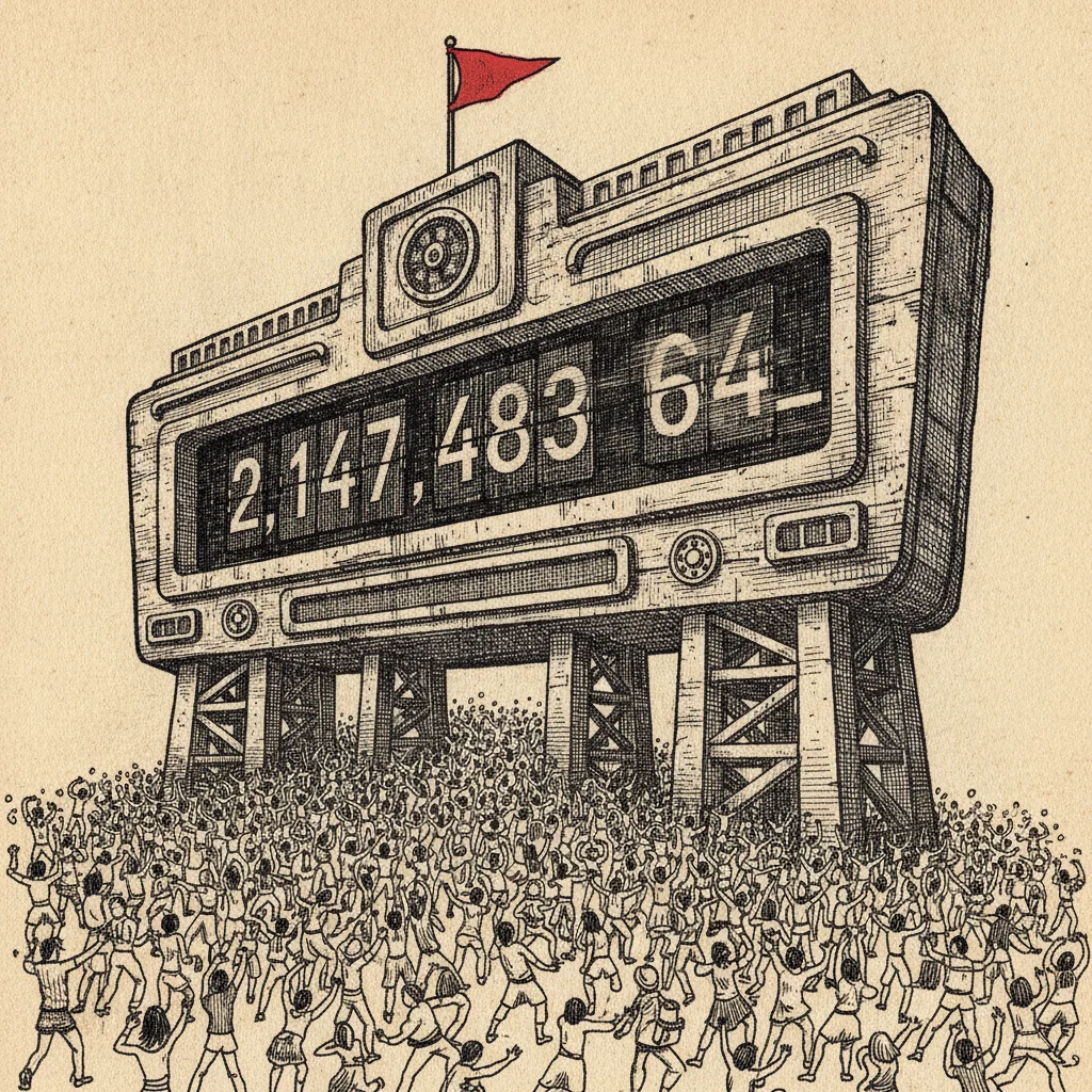 A giant mechanical stadium scoreboard reading 2,147,483,64_ with the last digit mid-flip, a sea of tiny dancing figures below