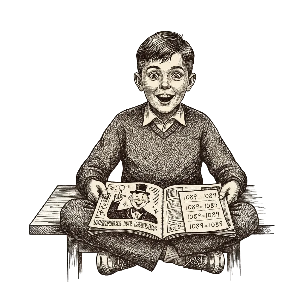 A 1950s English boy sits cross-legged at a kitchen table, an open magazine beside him showing a cartoon magician, his scrap of paper covered in sums all ending in 1089, his face showing pure astonishment