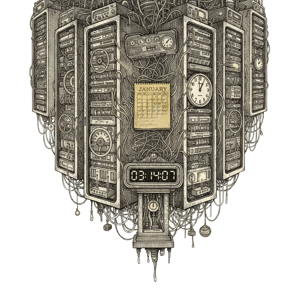 Atmospheric ink etching of a vast dark server room filled with blinking machines and clocks, a large digital display frozen at 03:14:07, with a faint 1901 calendar drifting behind it