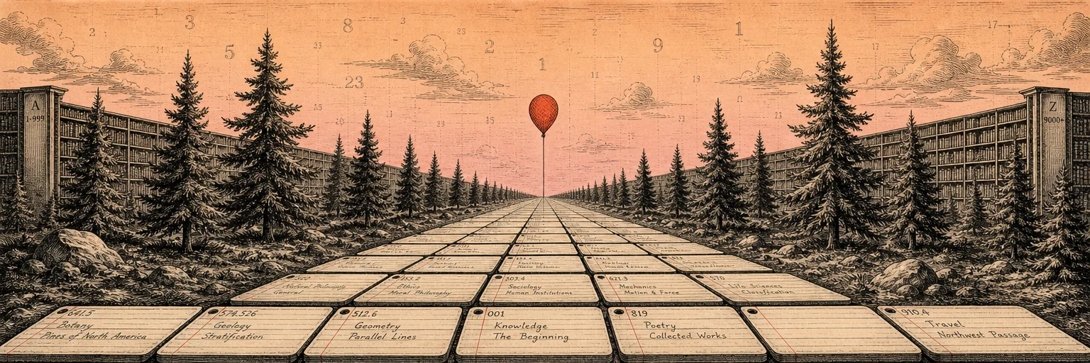 Panoramic ink illustration of a pathway of index cards receding into a line of pines, with a small red marker
