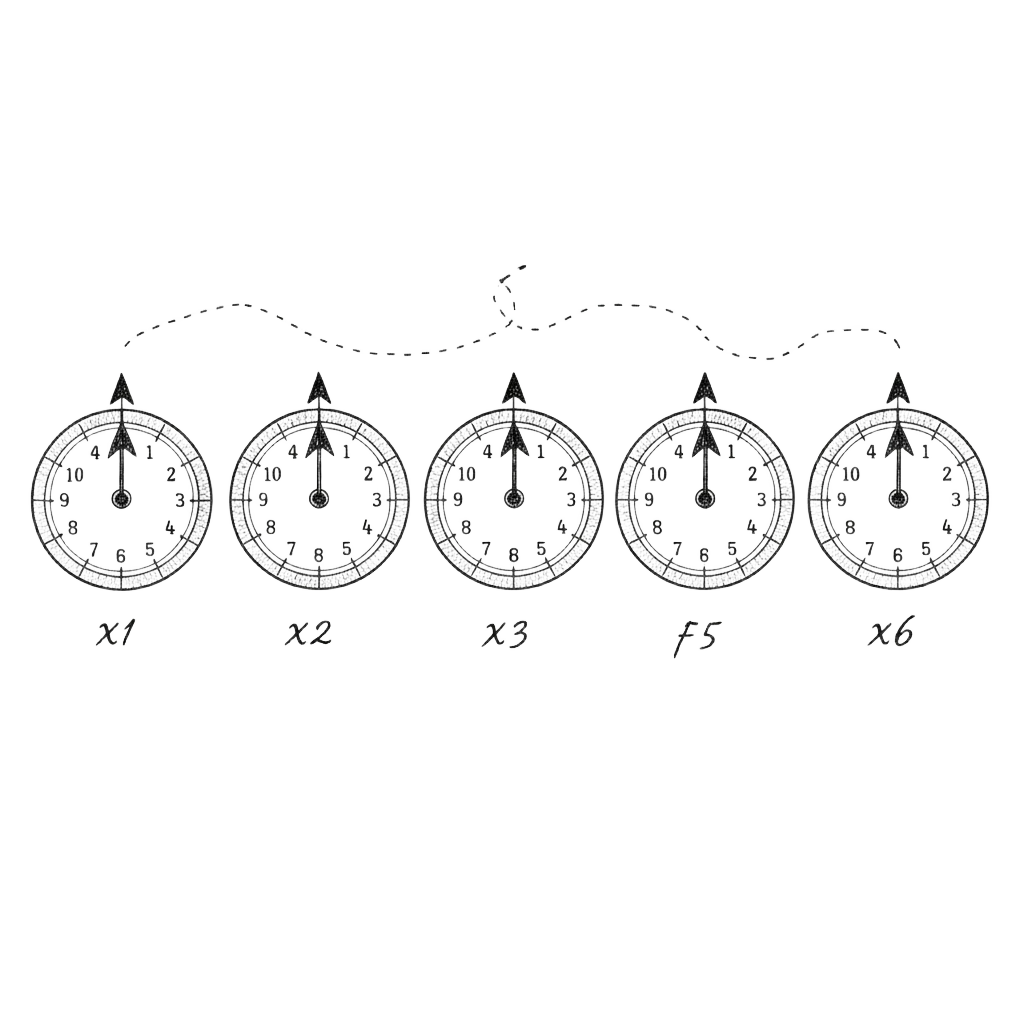 Six circular dials labeled x1 through x6, each showing the digits 1 4 2 8 5 7 with a pointer indicating a different starting digit on each one