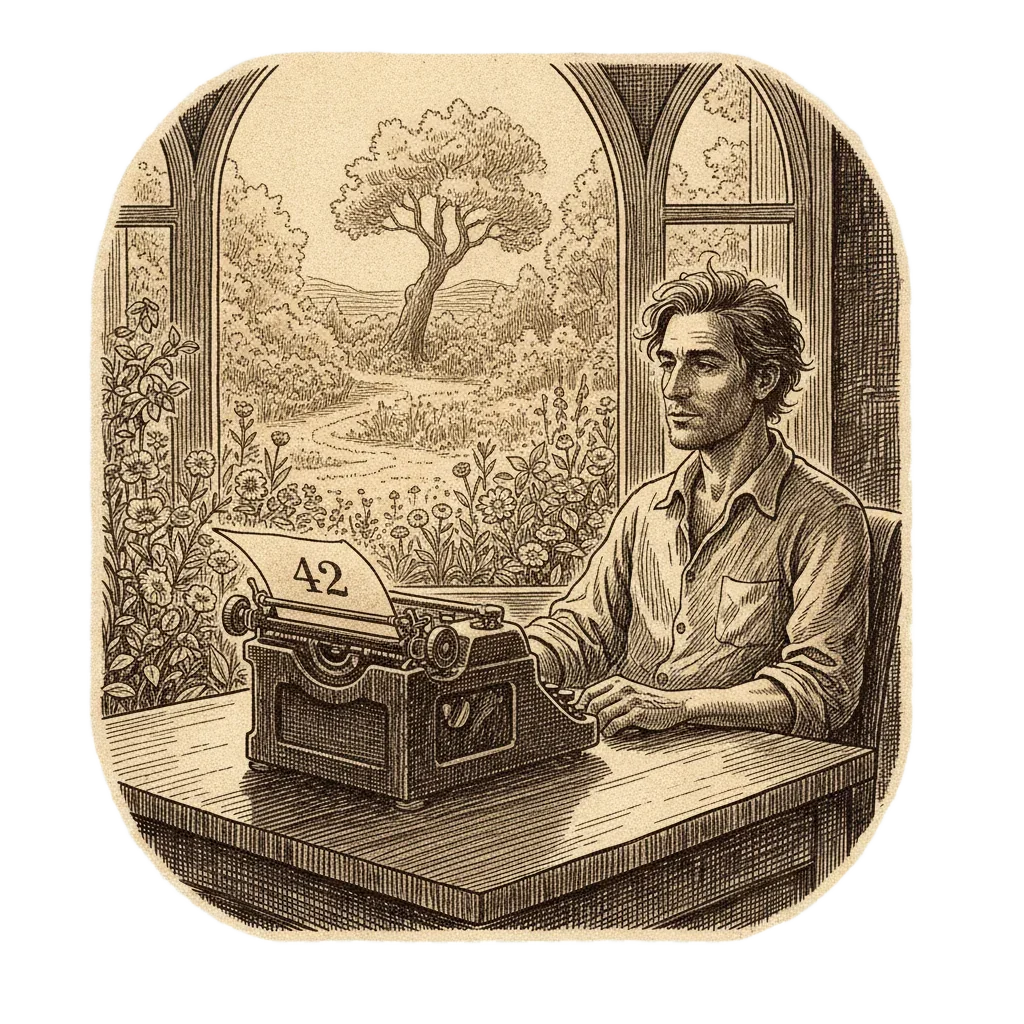 Ink vignette of a man at a desk by a garden window with a typewriter, the number 42 on the page