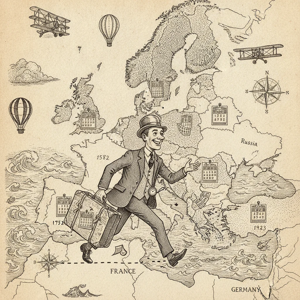A playful map of Europe with each country showing a wall calendar with a different date, and a traveller crossing a border with his pocket calendar flipping forward