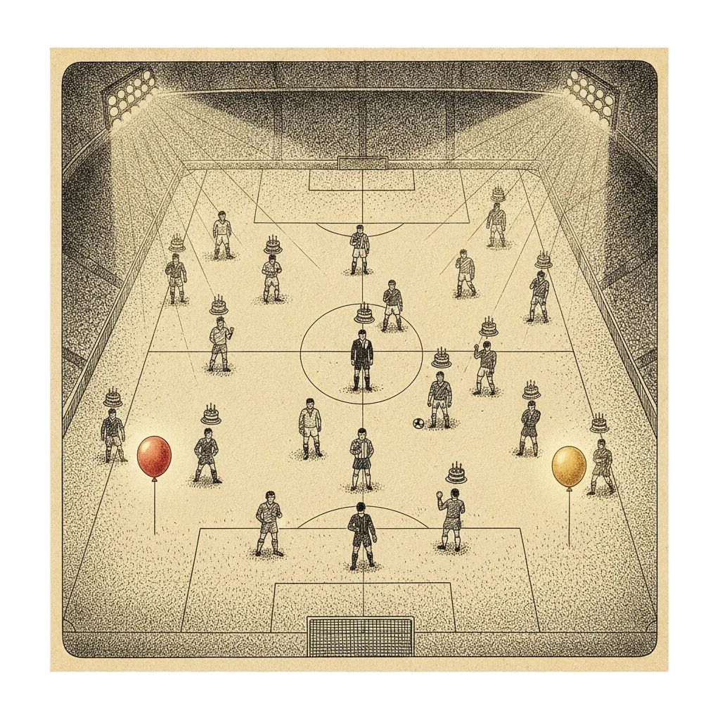 Atmospheric ink illustration of a floodlit football pitch seen from the stands. Twenty-two players and a referee each have a small birthday balloon above them. Two balloons far apart glow the same colour.