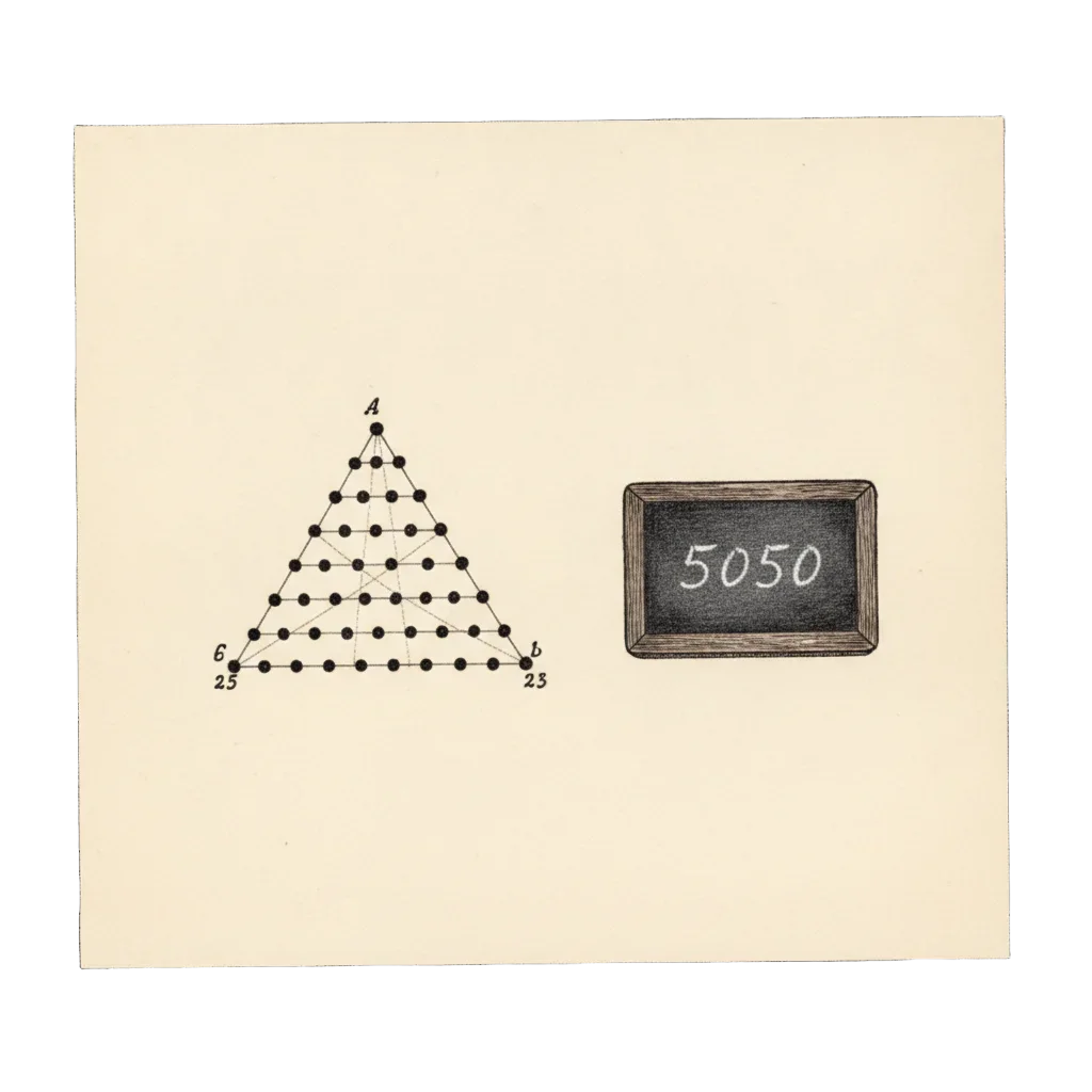 253 dots arranged in a triangle beside a slate showing the number 5050
